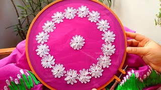 How to make beautiful ribbon flowers on dresssaree at home easily😮ribbonsribbon workArtsampDesign [upl. by Benis186]