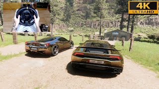 Forza Horizon 5  LAMBORGHINI HURACAN VS FERRARI 458  ONLINE with THRUSTMASTER TX  TH8A  4K [upl. by Enimajneb]