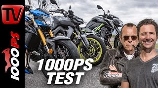 1000PS Test  Nakedbike Vergleich 2017  GSXS 750 vs MT09 vs Z900  ENGL Subs [upl. by Esinrahc]