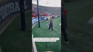 NIU coach Thomas Hammock interacts with fans after win over Notre Dame [upl. by Atsirc859]