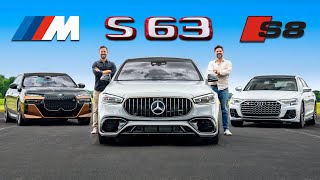 2024 MercedesAMG S63 vs Audi S8 vs BMW M70  Review  Drag Race [upl. by Annoel]