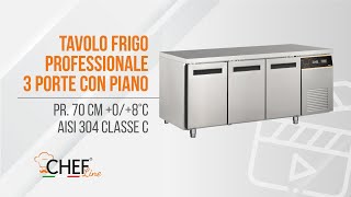 Tavolo Frigo Professionale 3 Porte Con Piano Pr 70 cm 08°C Eko Line ECHTF3PGEKO  Chefline [upl. by Adnawot]