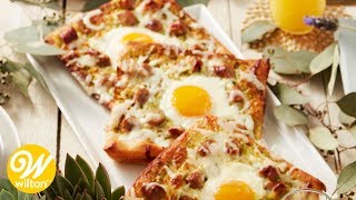 Sausage and Pesto Breakfast Egg Pizza Recipe  Wilton [upl. by Enowtna]