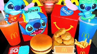 ASMR MCDONALDS STITCH HAPPY MEAL CHICKEN NUGGETS BURGER FRIES TOY EATING TALKING REVIEW MUKBANG [upl. by Hanselka]