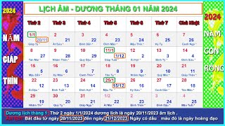 Lịch âm dương tháng 1 năm 2024  Lịch vạn niên tháng 12024 Giáp Thìn [upl. by Douville586]