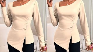 HOW TO SEW THIS TRENDY TOP WITH ASYMETRIC NECKLINE AND SIDE GATHERS  SLASH amp SPREAD METHOD [upl. by Yeh]