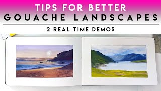 BEGINNER TIPS for better Gouache Landscapes ✶ REAL TIME beach and mountains [upl. by Ozkum490]