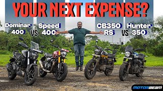 Triumph Speed 400 vs Honda CB350 RS vs Bajaj Dominar 400 vs Royal Enfield Hunter 350  MotorBeam [upl. by Beker814]