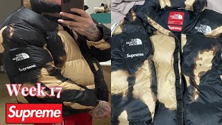 Supreme FW21 Week 17 SupremeThe North Face Bleached Denim Print Nuptse Jacket UNBOXING [upl. by Thaddeus]