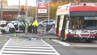 Horrific scene Stolen BMW crashes into Toronto transit bus leaving several people injured [upl. by Angelis]