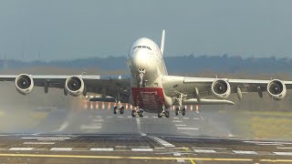 CROSSWIND LANDINGS during a STORM at Düsseldorf  Airbus A380 Cessna Jet gets thrown around 4K [upl. by Ahsemot761]