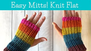 Easy Fingerless Mitts Flat Knitting on Straight Needles  Beginner Knitting [upl. by Migeon]