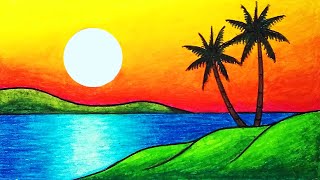 How To Draw Beautiful Sunset  Easy Sunset Scenery Drawing [upl. by Armond318]