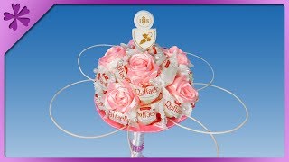 DIY Raffaello bouquet with ribbon roses for 1st Communion wedding ENG Subtitles  Speed up 593 [upl. by Esilahc]