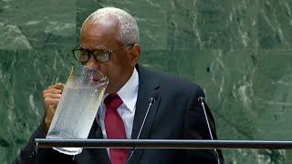 Haitian President spills giant jug of water during UN speech [upl. by Yentnuoc734]