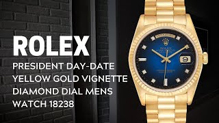 Rolex President Day Date Yellow Gold Vignette Diamond Dial Mens Watch 18238  SwissWatchExpo [upl. by Arval]