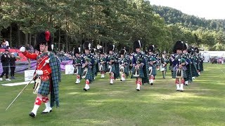 Ballater Games 2017  Clan Chieftain and massed Pipe Bands parade at close of the highland games [upl. by Rosane344]