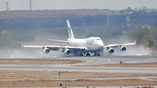 4K Stunning Wamos air 747 landing on a WET runway at Madrid Barajas airport [upl. by Standing]