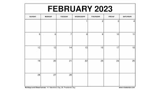 Printable February 2023 Calendar Templates with Holidays  VL Calendar [upl. by Aitan531]