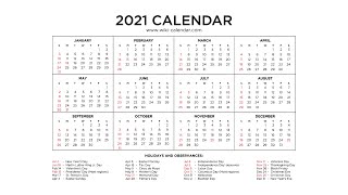 Free Printable Year 2021 Calendar with Holidays  Wiki Calendar [upl. by Dloreh]