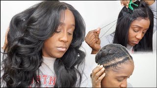 HOW TO SEW DOWN A LACE CLOSURE WIG FLAT  BRAID PATTERN  NO LEAVE OUT GLUE GEL  HJWEAVEBEAUTY [upl. by Eiraminot]