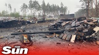 Russian tanks destroyed in recaptured Bucha Ukraine [upl. by Issie]