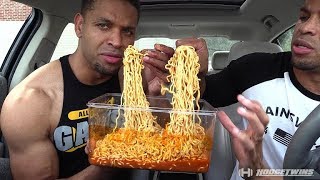 EXTREME SPICY CHEESE RAMEN NOODLE CHALLENGE  MUKBANG hodgetwins [upl. by Tarrsus]