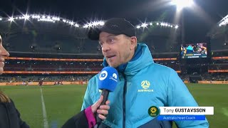 The Matildas Coach Tony Gustavsson speaks to 10 Football  AUSvCHN [upl. by Asia]