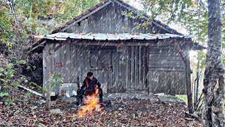 Hiding in Abandoned Log Cabin From Heavy Rain  Winter Log Cabin Survival [upl. by Battiste]