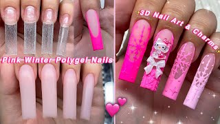 PINK WINTER POLYGEL NAILS💕 EASY POLYGEL APPLICATION amp 3D NAIL ART CHARMS DESIGN  Nail Tutorial [upl. by Kieryt]