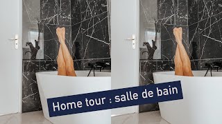 Visite salle de bain rénovée  marbre blanc marbre noir baignoire ilot [upl. by Ocker]