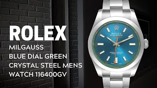 Rolex Milgauss Blue Dial Green Crystal Steel Mens Watch 116400GV Review  SwissWatchExpo [upl. by Ruthe210]