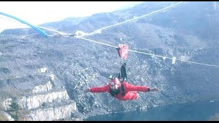 The worlds fastest zip wire Velocity at Zip World Penrhyn Quarry in Bethesda Snowdonia [upl. by Ahsi]