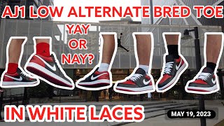 Laces Swap on Air Jordan 1 Alternate Bred Toe  White Laces On Feet With Red White and Black Socks [upl. by Stephanie465]