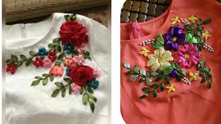 beautiful leatest ribbon embroidery design for dress ldiyribbonembroidery [upl. by Nilyarg613]