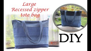 HOW TO SEW A TOTE BAG WITH ZIPPER AND POCKETS  DIY TOTE BAG FROM OLD JEANS  BAG SEWING TUTORIAL [upl. by Bernice895]