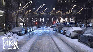 Helsinki Night Walk Street Photography in Snow Punavuori Finland 4K [upl. by Eenor]