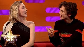 Saoirse Ronan amp Timothée Chalamet Joke About Pronouncing Timothée Chalamet [upl. by Ishmul]