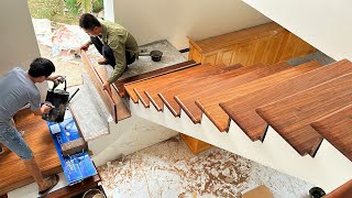 How To Building Wooden Stair Railing  Wood Worker Install Wooden Stair Handrail In The New House [upl. by Pinchas]