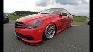 MERCEDES BENZ ECLASS COUPE C207  RED COLOUR  MBDESIGN WHEELS  WALKAROUND  LOWERED SHOWCAR [upl. by Ahsilat868]