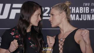 Karolina Kowalkiewicz vs Felice Herrig UFC 223 Media Day Staredown  MMA Fighting [upl. by Svirad346]