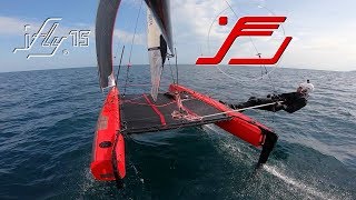 iFLY15 full Foiling in 6kts of wind Hydrofoil catamaran with revolutionary light wind sail [upl. by Oakley]