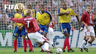 David Beckhams FreeKick Goal v Colombia  1998 FIFA World Cup [upl. by Singh]