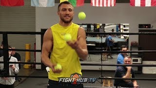 VASYL LOMACHENKO SHOWS NEW TRICKS FOR BOXING BY JUGGLING TENNIS BALLS CRAZY HAND EYE COORDINATION [upl. by Anaxor]