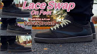 Travis Scott Jordan 1 Low Velvet Brown  Lace SwapOn Feet 👣 ☕️ [upl. by Madancy]