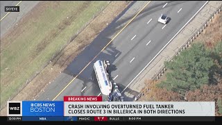 Route 3 in Billerica closed on both sides of highway after tanker truck crash [upl. by Nnylatsyrc]