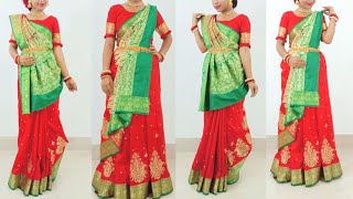 banarasi lehenga saree draping  sidha pallu saree draping  banarasi saree porar style [upl. by Yema]