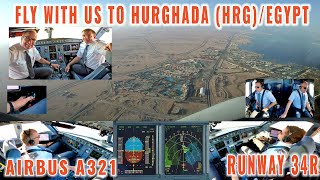 HURGHADA HRG  Exclusive cockpit and pilot views of a full approach to runway 34R  Airbus A321 [upl. by Nnaycnan]