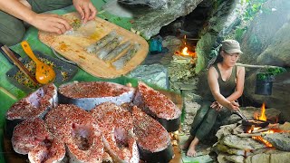 7 Days Solo Bushcraft  Shelter Under a Rock Cave Rock Stove Fish and Cook Stay Overnightetc [upl. by Eivla]