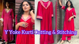 Step By Step Trendy Y Yoke Kurti Cutting amp Stitching  Easy Wat To cut gathered Kurti  Rajveerpunni [upl. by Hama]